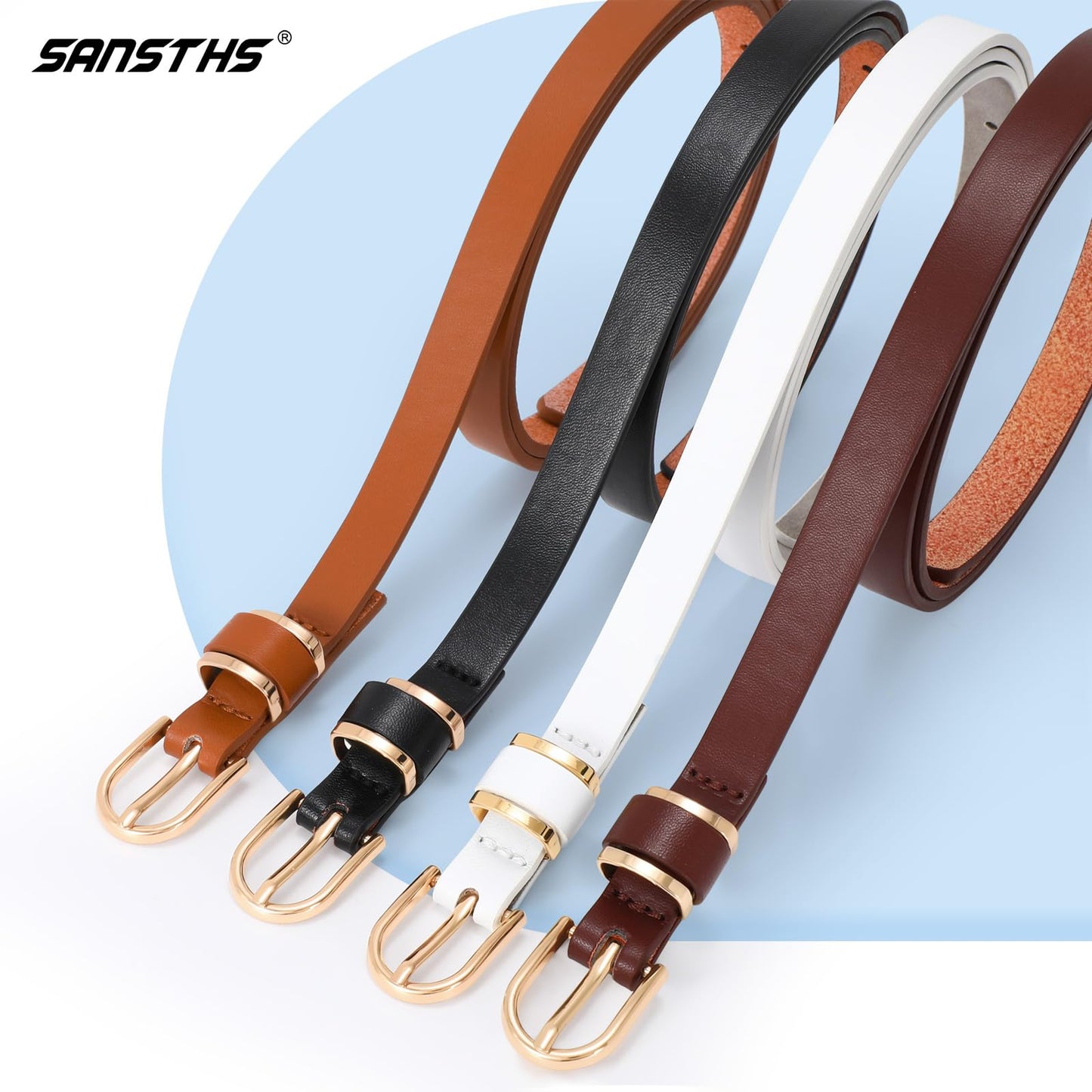 SANSTHS 4 Pack Women Thin Belts for Jeans Dresses Coats Skinny Women Belt with Gold Alloy Buckle, Black+White+Coffee+Brown M