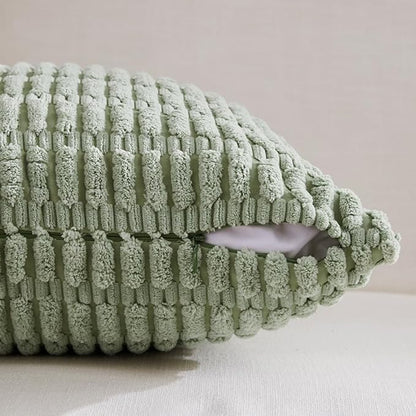 Fancy Homi Sage Green Lumbar Decorative Throw Pillow Covers 12x24 Inch for Living Room Couch Bed Sofa, Rustic Farmhouse Boho Home Decor, Soft Striped Corduroy Rectangle Cushion Case 30x60 cm