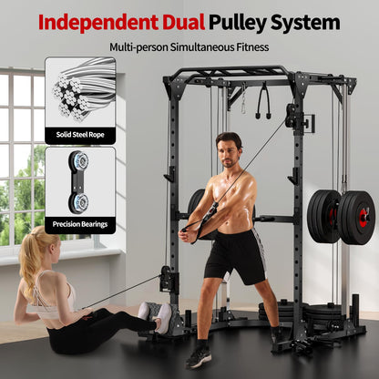 JEEKEE Power Cage with Cable Crossover System, 2000LB Multi-Function Power Rack with Independent Dual Pulleys, LAT Pulldown Seat Cushion, 20+ Attachments Squat Rack for Home Gym Workout,Black