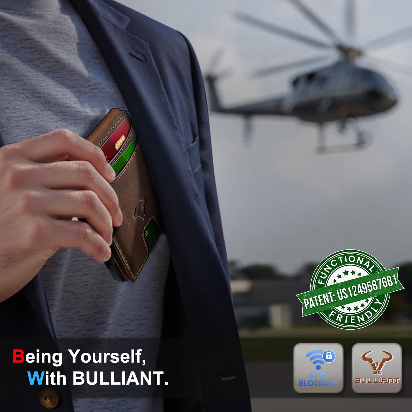 BULLIANT Men Full Grain Leather Wallet, Metal Wallet Money Clip Magnetic Flip 13 Cards Pop-up Access Simplifed Bill Folder