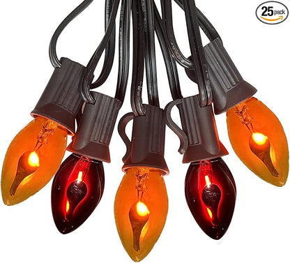 Halloween Orange Purple Lights Outdoor, 25FT C7 Halloween Flickering Flame String Lights with 27 Flame Bulbs, Hanging Patio Lights Waterproof Connectable for Patio Garden Yard Roofline Party Decor