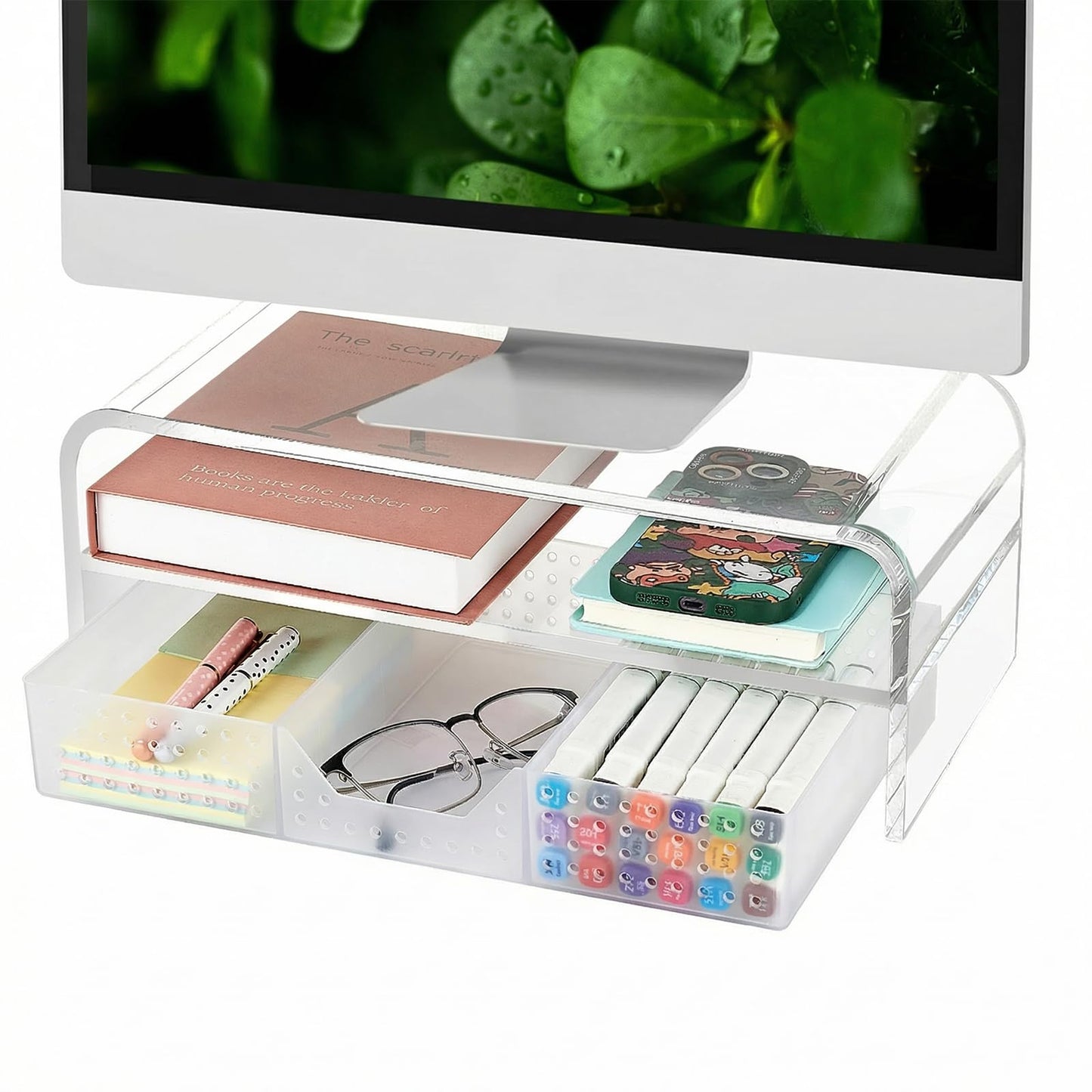 OPNICE Acrylic Clear Desk Organizers and Accessories, 2-Tier Computer Monitor Stand Riser with Drawer, Laptop Stand, Office Desk Accessories for Office Supplies, Transparent