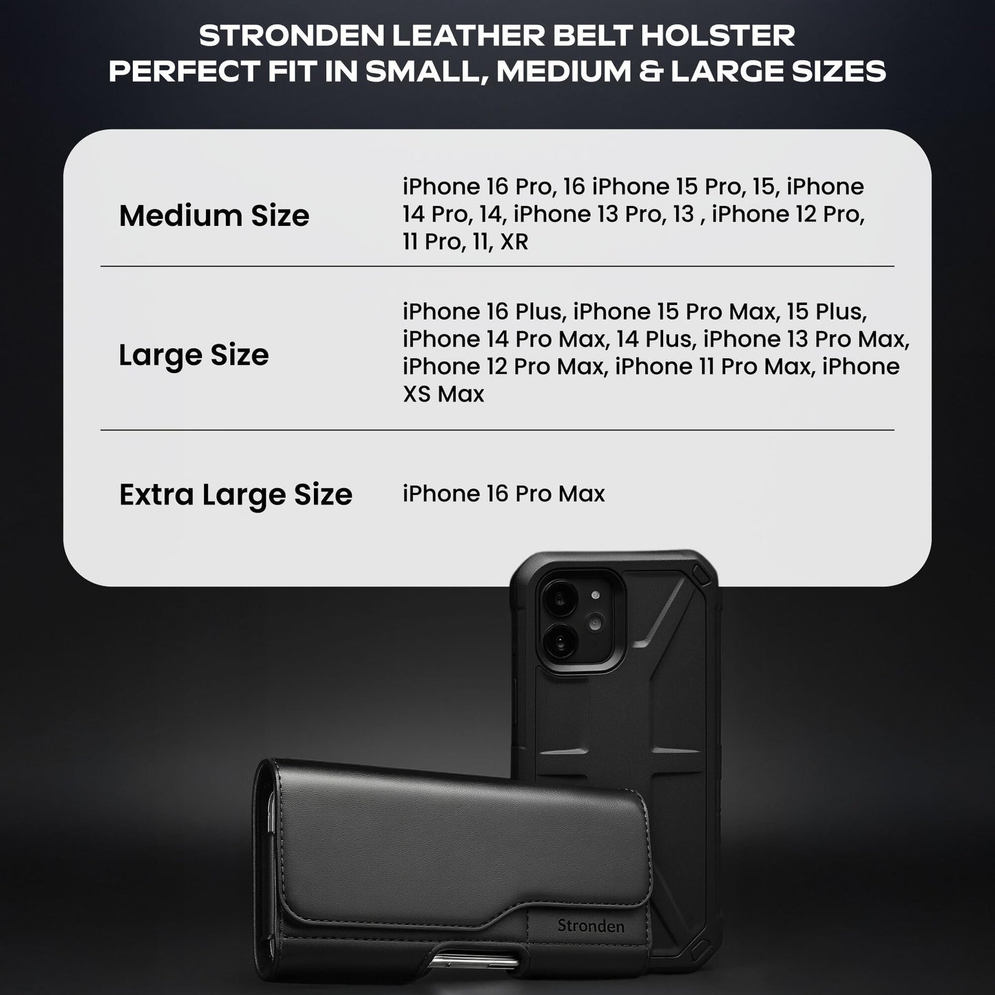 Stronden Magnetic Closure Holster for iPhone 17 Pro, 17e, 17, 16 Pro, 16e, 16, 15 Pro, 15, 14 Pro, 14, 13 Pro, 13, 12 Pro, 12, 11, XR - Leather Belt Case Pouch (Fits Slim/Regular Case on)