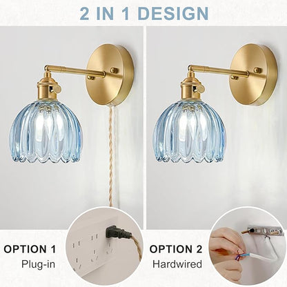 Plug in Wall Sconce, Vintage Sconce Light with Tulip Denim Blue Glass Lampshade, 180° Adjustable Wall Sconce with Switch and Plug in Wall Lamp Cord, Gold Wall Light for Bedroom Bedside