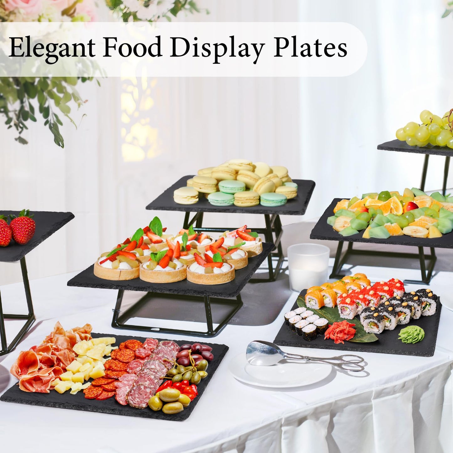 MAPRIAL Slate Cheese Boards, 4 Pack 15 x 10.2 Inch Large Charcuterie Boards Black Stone Plates Serving Tray for Party, Sushi, Wedding, Laser Engraving, Meat, Christmas, Home, Kitchen, Gifts