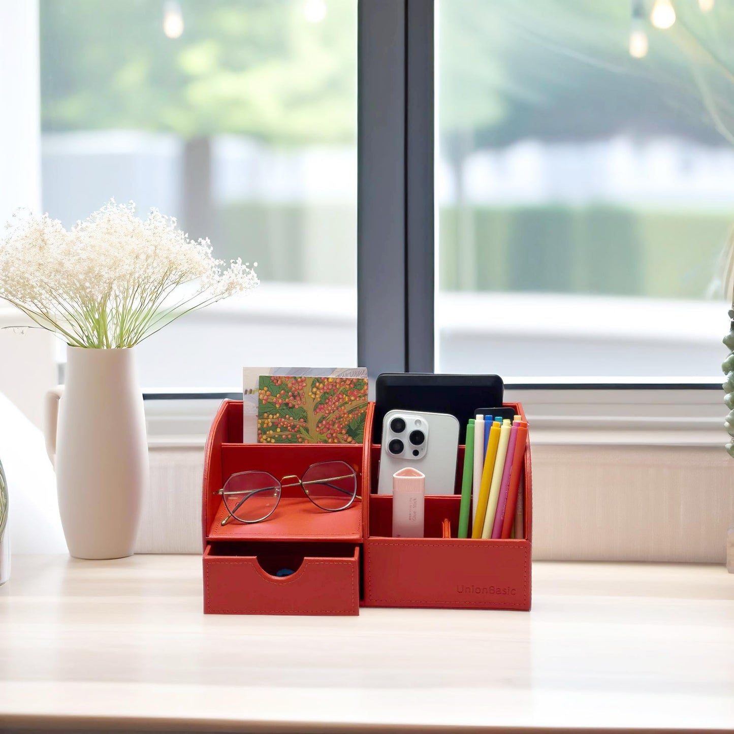 UnionBasic Desk Organizer - Multifunctional Leather Desktop Pen Holder Storage Box - Business Card/Pen/Pencil/Mobile Phone/Stationery Holder, Red