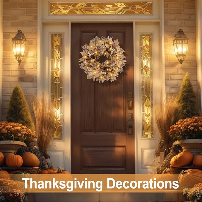 22 Inch Fall Wreaths for Front Door Outside Timer Function Pinecones Berries Autumn Fall Wreaths with 30 Warm Lights Home Porch Door Yard Harvest Mantle Window Decor