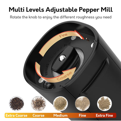 Syaws Electric Pepper and Salt Grinder 1 Pack,Battery Powered Pepper Grinders,Automatic Pepper Mill with LED Light,Adjustable Coarseness One-Hand Operation