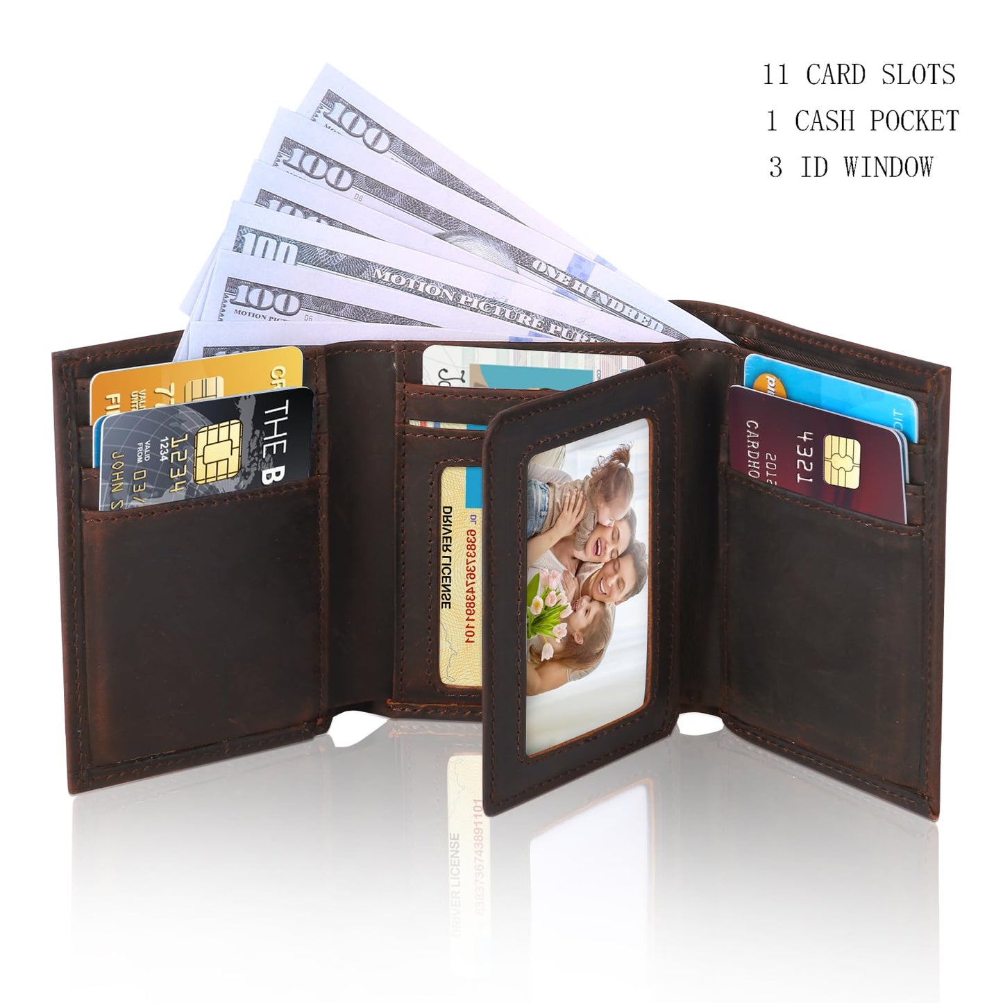 baotuiok Mens Trifold Crazy Horse Leather Wallet with 11 card Slots， Genuine Leather RFID Blocking Wallet for Men（brunet brown）