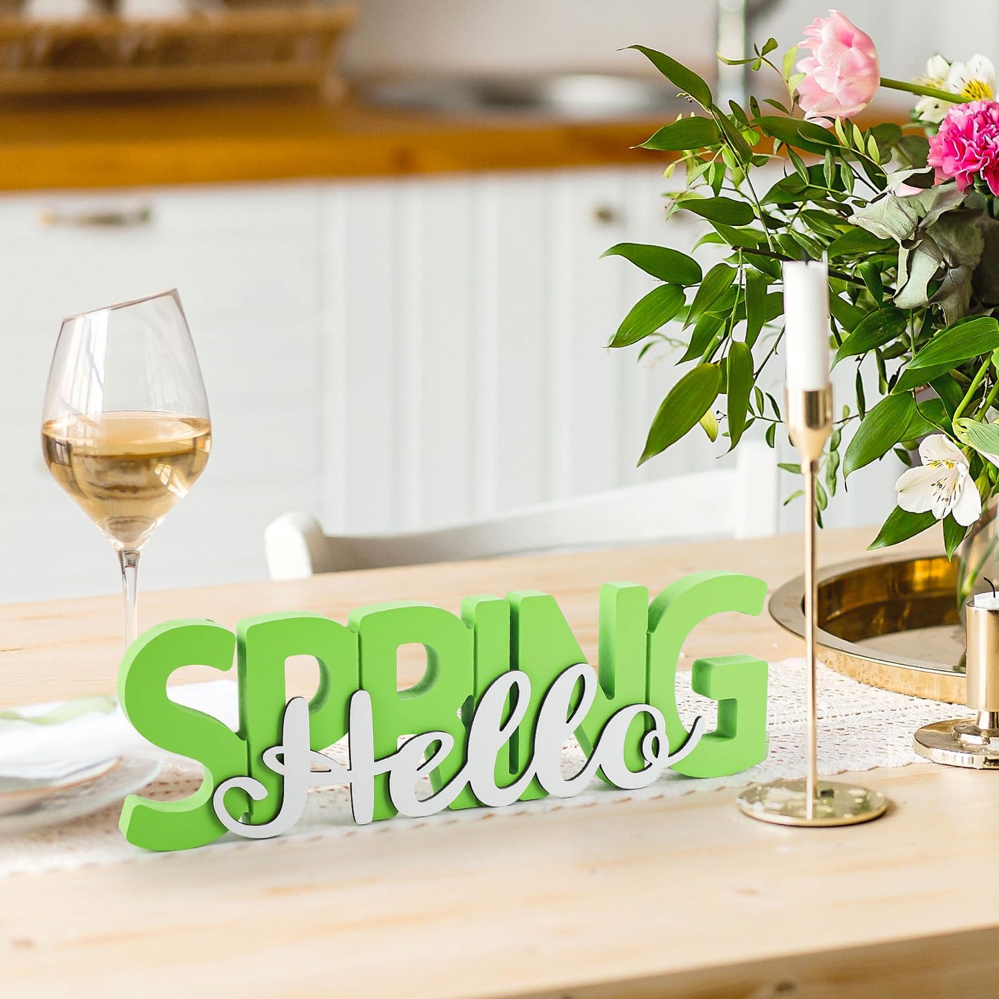 COCHIE Wooden Hello Spring Sign, Spring Decorations for Home, Office, Shelf, Mantel, Indoor, Wood Spring Decor, Spring Table Top Party Decoration (Hello Spring)