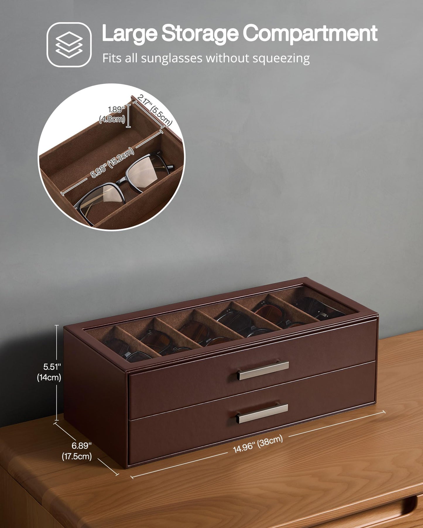 ProCase 12 Slots Sunglasses Organizer, 2-Layer Eyeglass Holder with Clear Glass Lid, PU Leather Glasses Storage Display Case for Men Women -Espresso
