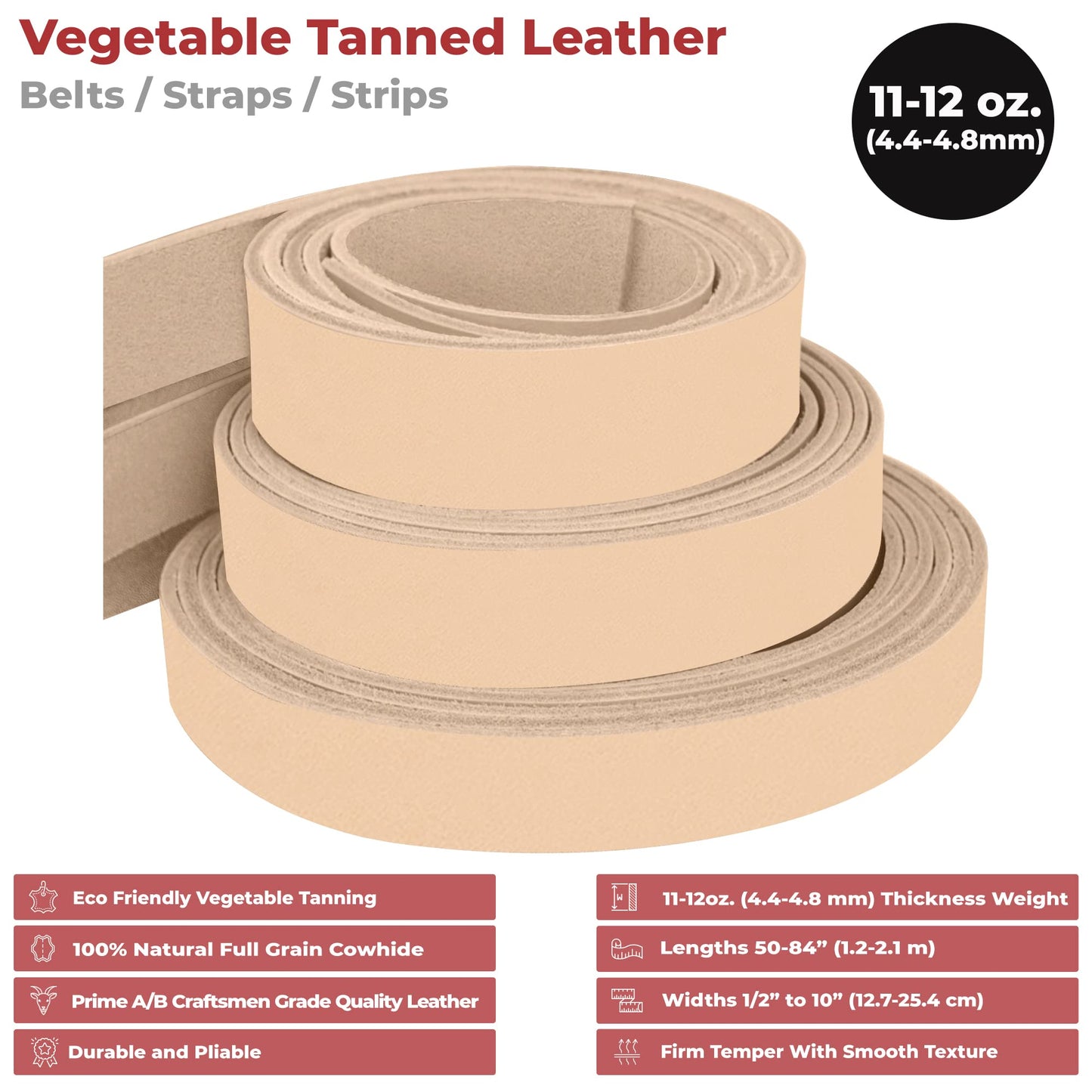 European Leather Works 11-12 oz. (4-4.8mm) Vegetable Tanned Leather Belt Blanks/Straps Size: 1/2"x50" (1.3x127cm) Full Grain Cowhide Tooling, Crafting, Knife Sheath, Furniture