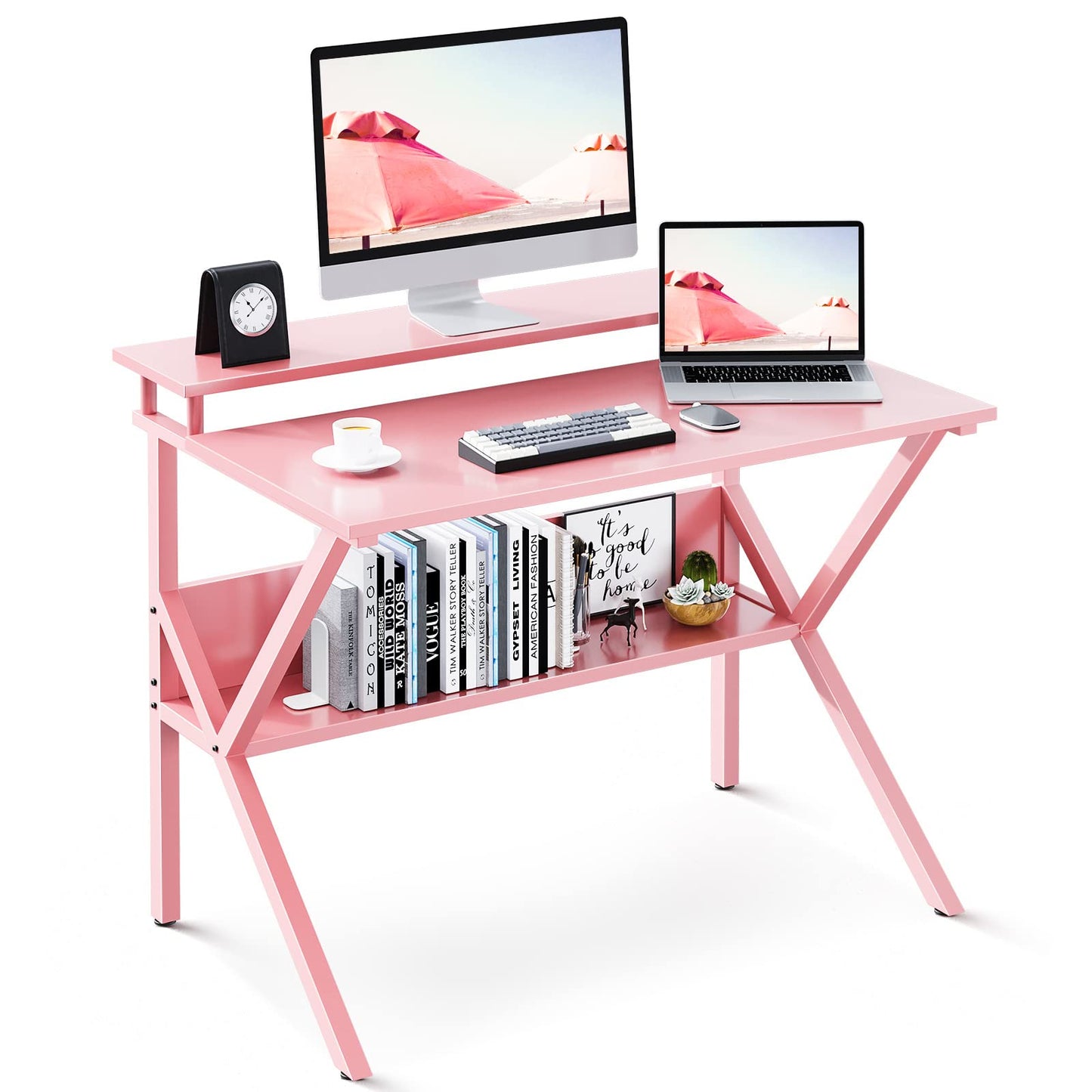 ODK Small Desk, 27.5 Inch Computer Desk for Small Spaces, Study Desk with Storage & Monitor Stand, Pink