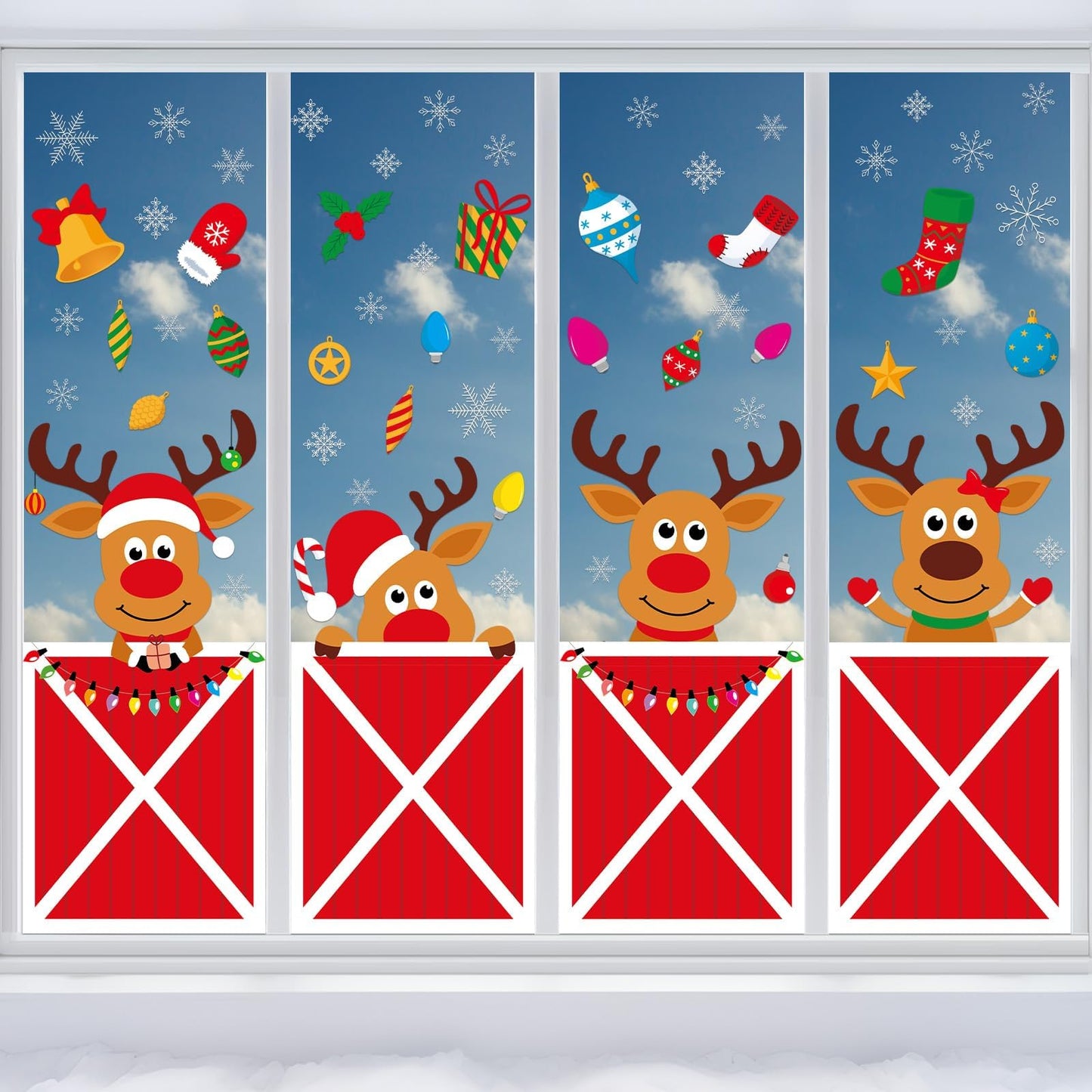 Christmas Deer Large Size Window Clings Decorations Reindeer Stable Window Decal Christmas Elk Winter Snowflake Reusable DIY Static Wall Door Sticker for Xmas Holiday Party Home Classroom Office Decor