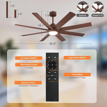 Depuley 60-Inch Ceiling Fan with Light: 8-Blade Large Ceiling Fans with Remote Control - Ultra Quiet DC Motor Reversible Timer Brown