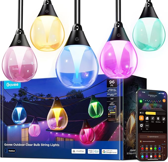 Govee Outdoor Clear Bulb String Lights, 96ft RGBWIC Outdoor Lights with 30 Dimmable Warm White LED Bulbs, 111 Scene Modes for Patio, Backyard, IP67 Waterproof, Works with Alexa, Google & Matter