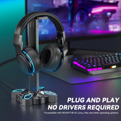 KDD Gaming Headphones Stand, Rotatable Headset Stand with Light Modes - Controller Holder with 2 USB Charging Ports and 3.5mm - Earphone Hanger Accessories for Desktop Gamer(Black)