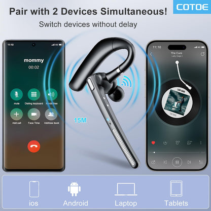 COTOE Bluetooth Headset V5.3, Wireless Earpiece with 500mAh Charging Case 72Hrs Talking Time Hand-Free Headphones with Noise Canceling Mic for Office/Driving/Business,Black