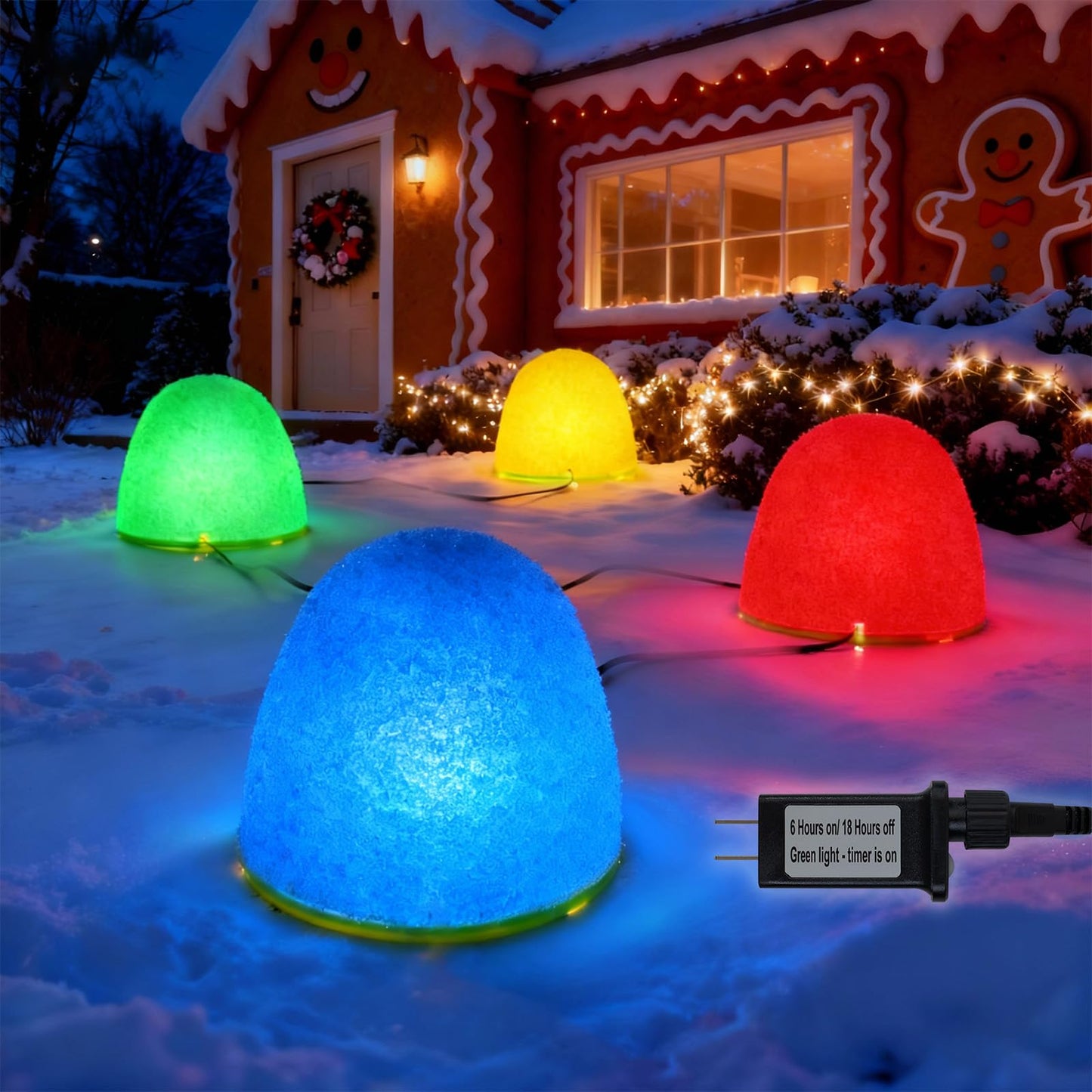 Illuminated Gumdrop Christmas Pathway Lights Outdoor Decorations, Connectable 4Pcs Light Up Gum Drop with Timer for Yard, Cute Holiday Christmas Outside Decor for Porch,Walkway, Gingerbread Theme