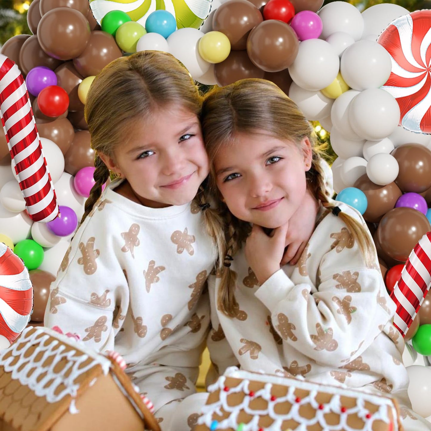 420Pcs Christmas Gingerbread House Balloon Arch Garland Kit, Brown White Balloon with Candy Canes Lollipops for Merry XMAS New Year Winter Party Decorations