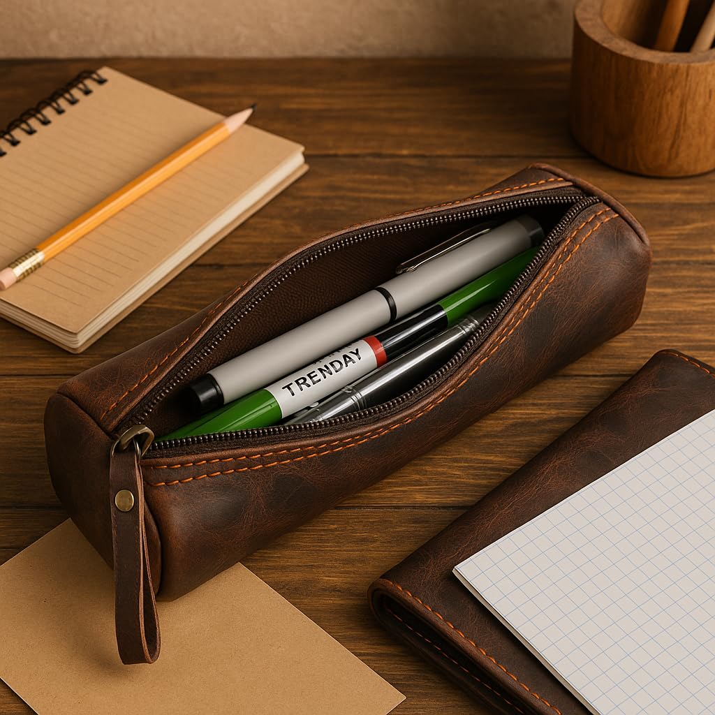 CestAntiQ Round Leather Zipper Pencil Case – Full Grain Handmade Pen, Marker & Sketch Pouch, Compact Tube-Shaped Organizer for Office & Travel, Premium Small Tool Holder for Adults – Brown