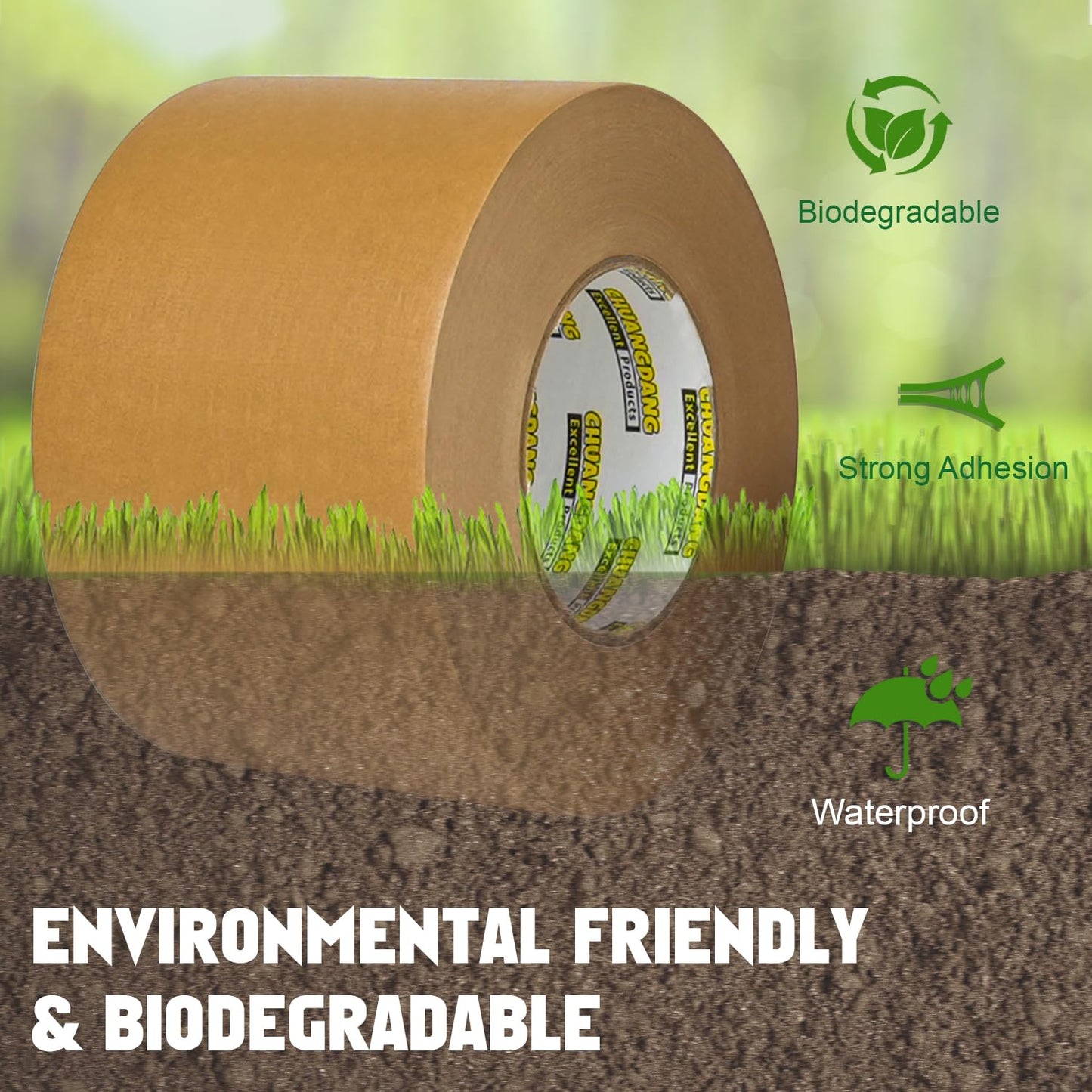 CHUANGDANG Kraft Paper Tape,3Inchx127yards,2Rolls,Brown Paper Packing Tape,Writable & Uncoated,Kraft Tape for Masking, Sealing, and Packaging,Biodegradable,Eco-Friendly