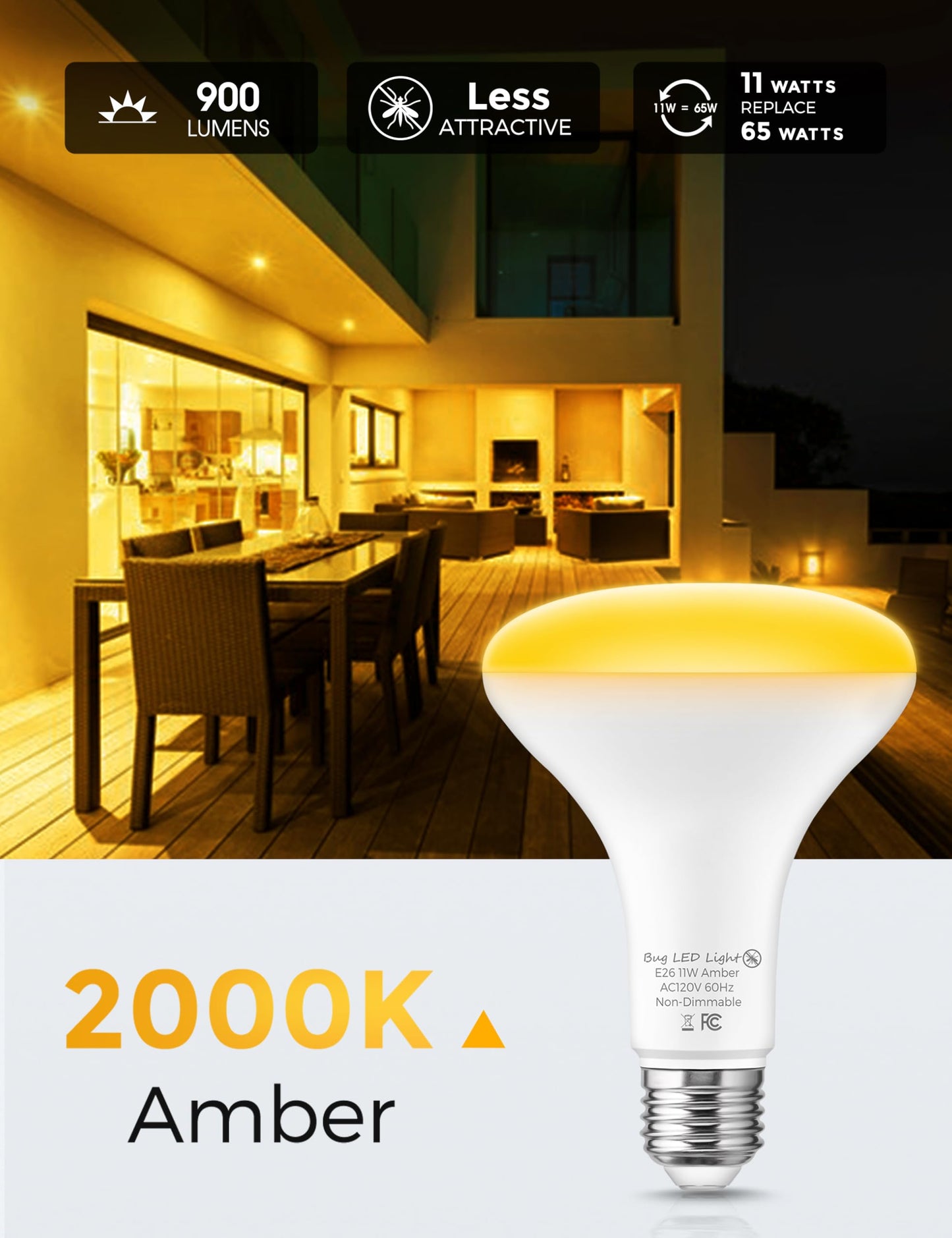 L LOHAS LED Yellow Bug Light Bulbs Outdoor, 65W Equivalent BR30 Bug Flood Lights for Outside, Non-Attracting, 11W Amber Porch Lights, E26 Base, Non-Dimmable, for Patio Deck Backyard, 3 Pack