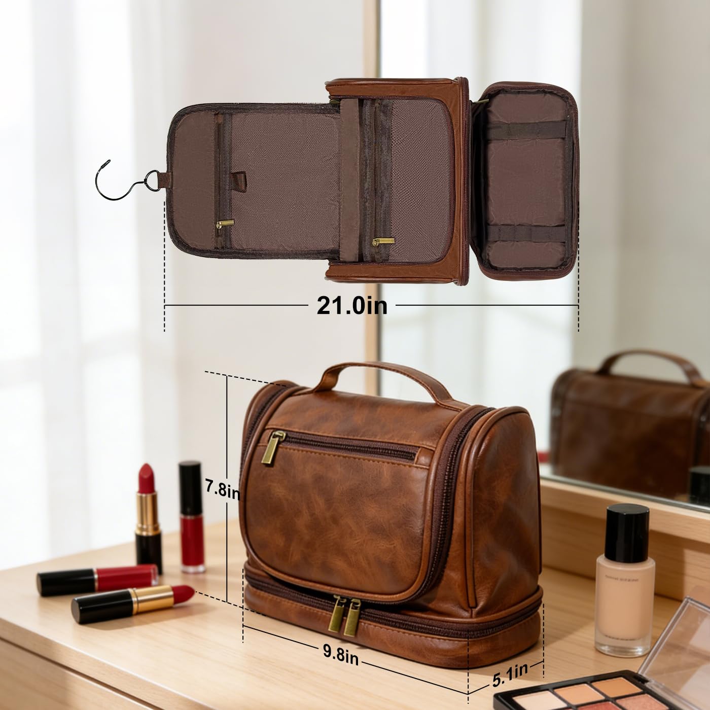 hanvate Travel Toiletry Bag For Men and Women, Leather Hanging Toiletry Organizer, Waterproof with Separate Compartments, Travel Kit for Gym Camping and Mens Gift (Dark Brown)