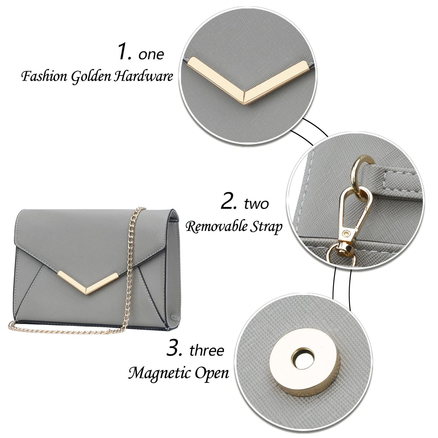 KKXIU Women Elegant Faux Leather Evening Envelope Clutch Purse Foldover Bags for Party Wedding Prom (A-Grey)