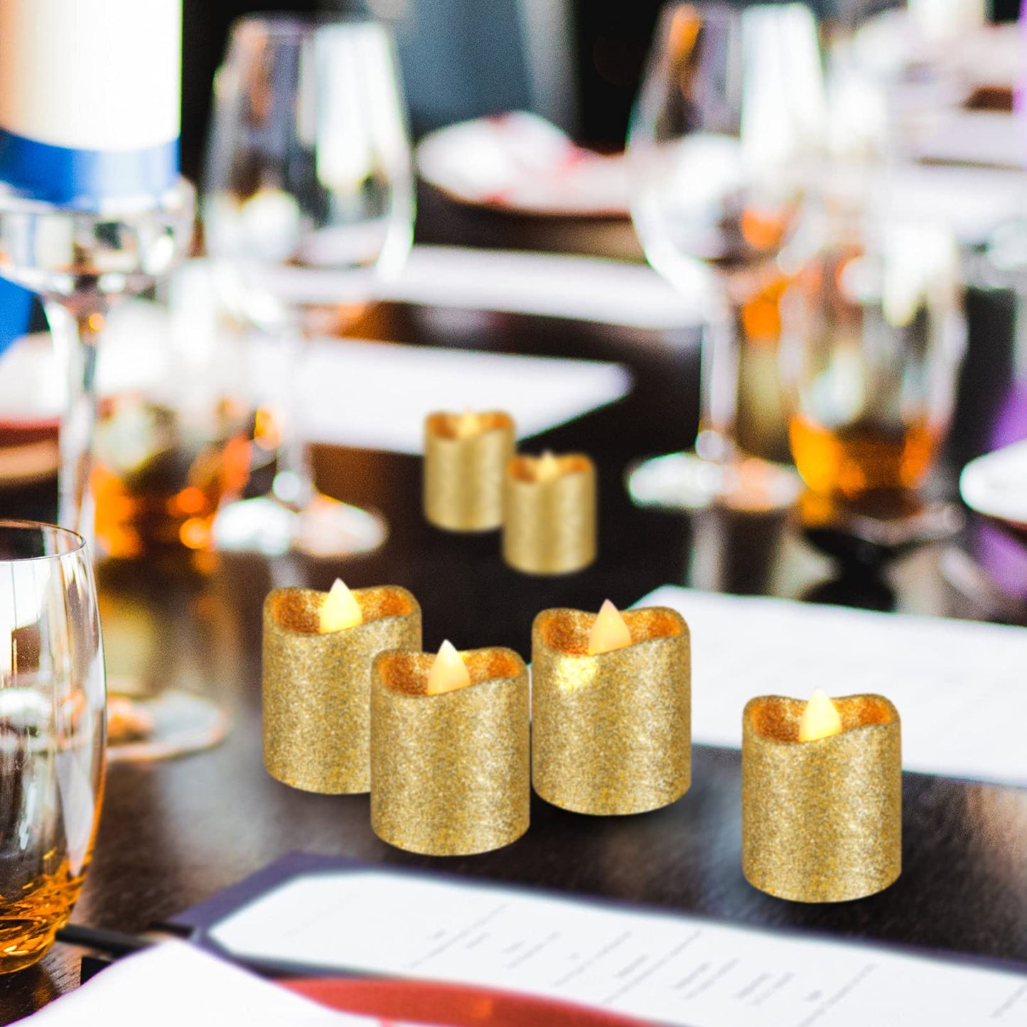 Honoson 24 Pack Gold Candles Party Decoration Flameless LED Tea Light Battery Operated Candle for Halloween Christmas Valentine Diwali Wedding Table Centerpiece