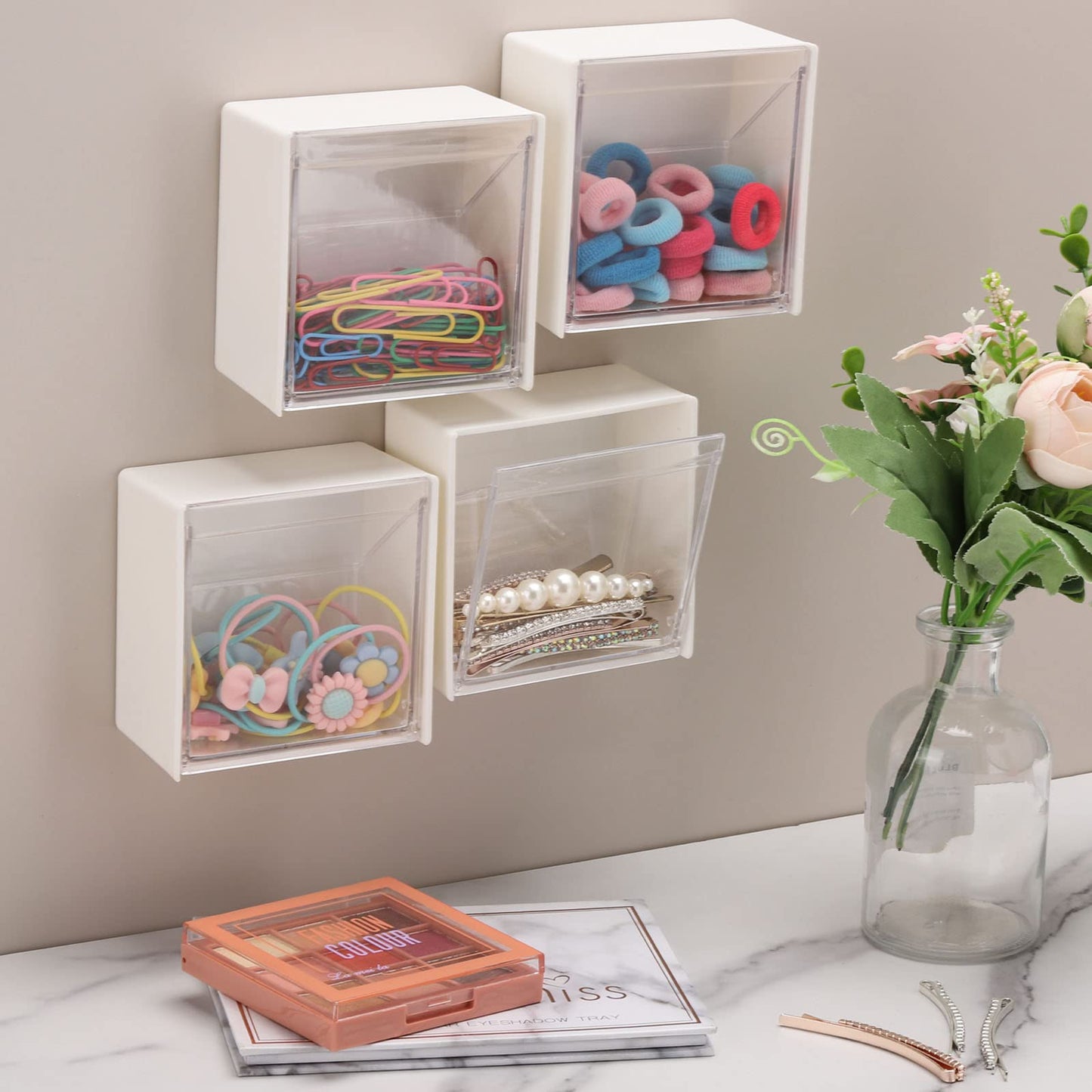 Tecbeauty 4PCS Cotton Pads Holder Dispenser, Wall Mounted Cotton Ball Organizers and Storage Box Rounds Jar Containers for Cotton Ball, Floss, Hairpin, Rubber Band, Clip（3.35in x1.8in x3.35in）