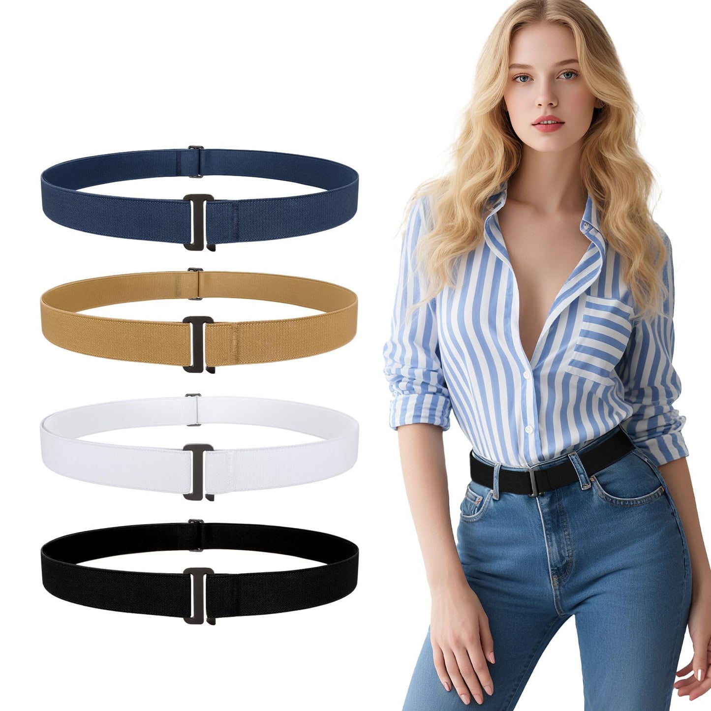 JASGOOD 4 Pack Invisible Women Stretch Belt No Show Elastic Web Strap Belt with Flat Buckle for Jeans Pants Dresses