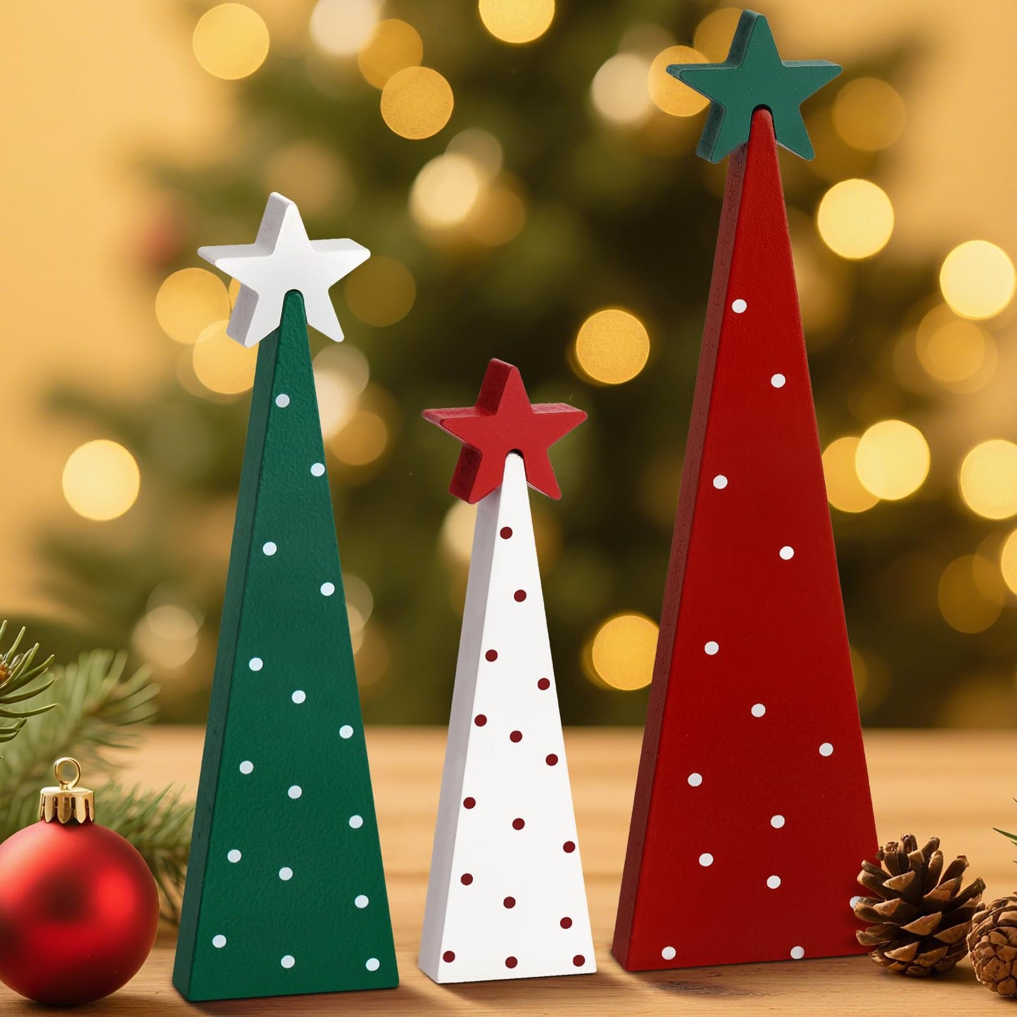 Shaxcoq Christmas Decorations Indoor – Wooden Tabletop Christmas Tree with Star Toppers, Festive Holiday Decorations for Mantel Fireplace Office Kitchen (3pcs)