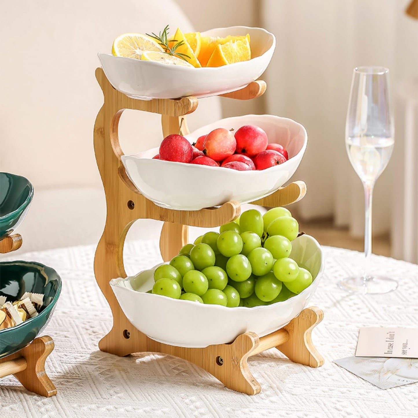 YWHWXB Multi-Layer Fruit Bowl with Natural Bamboo Rack,Plastic Wooden Frame Candy Plate,Large Capacity Snack Bowl Set,Bamboo Food Serving Tray for Kitchen Counter (White, Triple Layer)