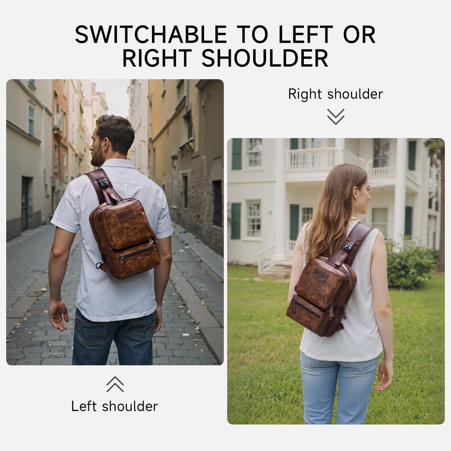 MOYYI EDC Crossbody Bag for Men Leather Sling Bag, Tactical Chest Bag with USB Charging Port, 7L Small Casual Daypacks for Travel
