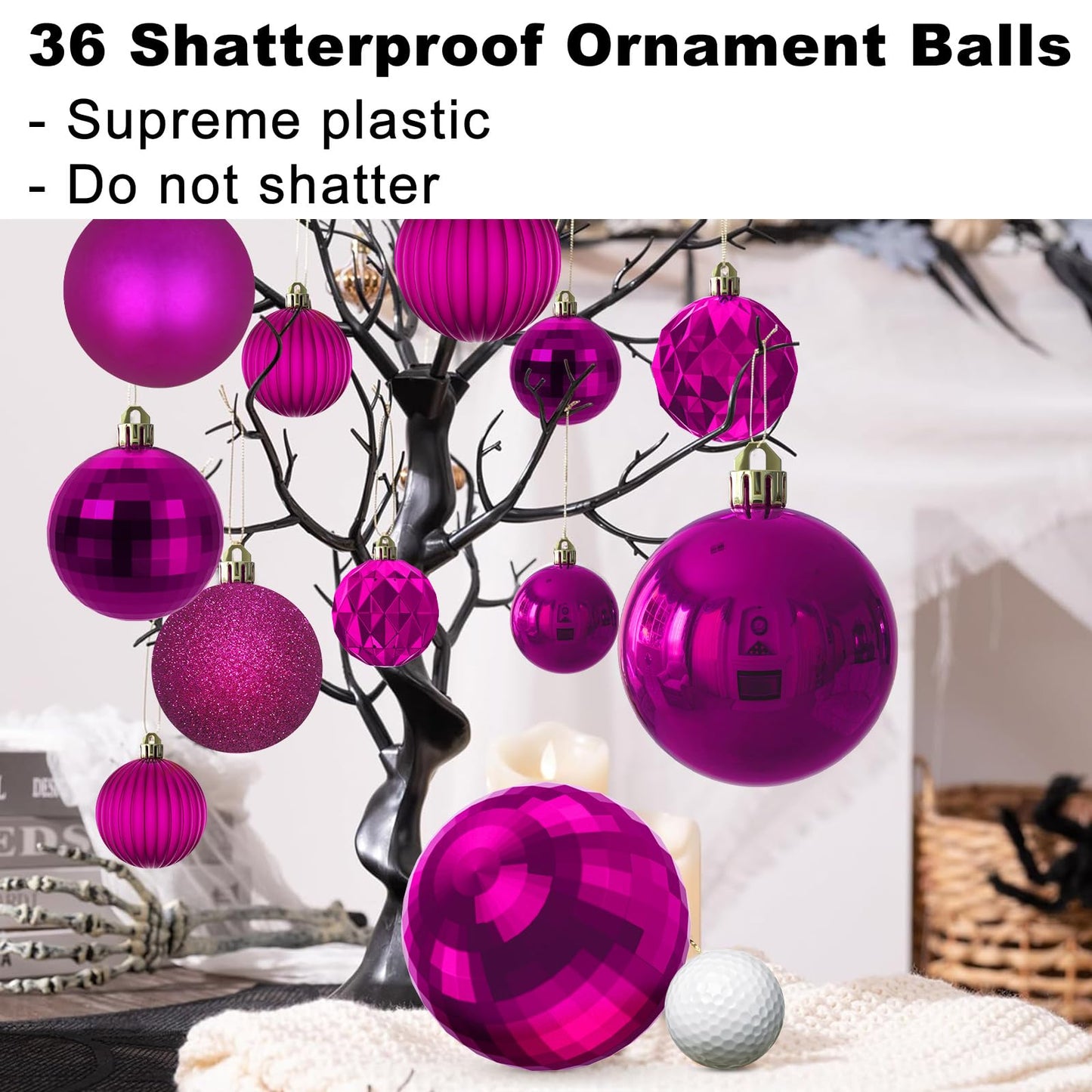 Fuchsia Christmas Ornaments - Christmas Tree Decorations Shatterproof Hanging Balls for Birthday Wedding Holiday Decor Set of 36pcs, Multi-Sizes(1.6",2.5",3.2")
