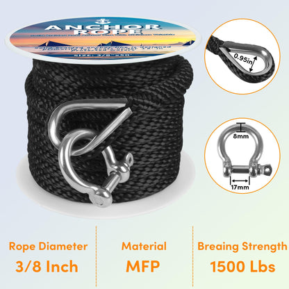 Anchor Rope 50 Ft X 3/8 Inch, Premium Solid Braid MFP Anchor Line, Boat Anchor Rope with Stainless Steel Thimble and Shackle (Black)