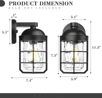 Emliviar 1-Light Porch Wall Lantern with Metal Cage, Outdoor Sconce Wall Mounted Lighting with Water Ripple Glass, Matte Black Finish, GE255BL BK-WG
