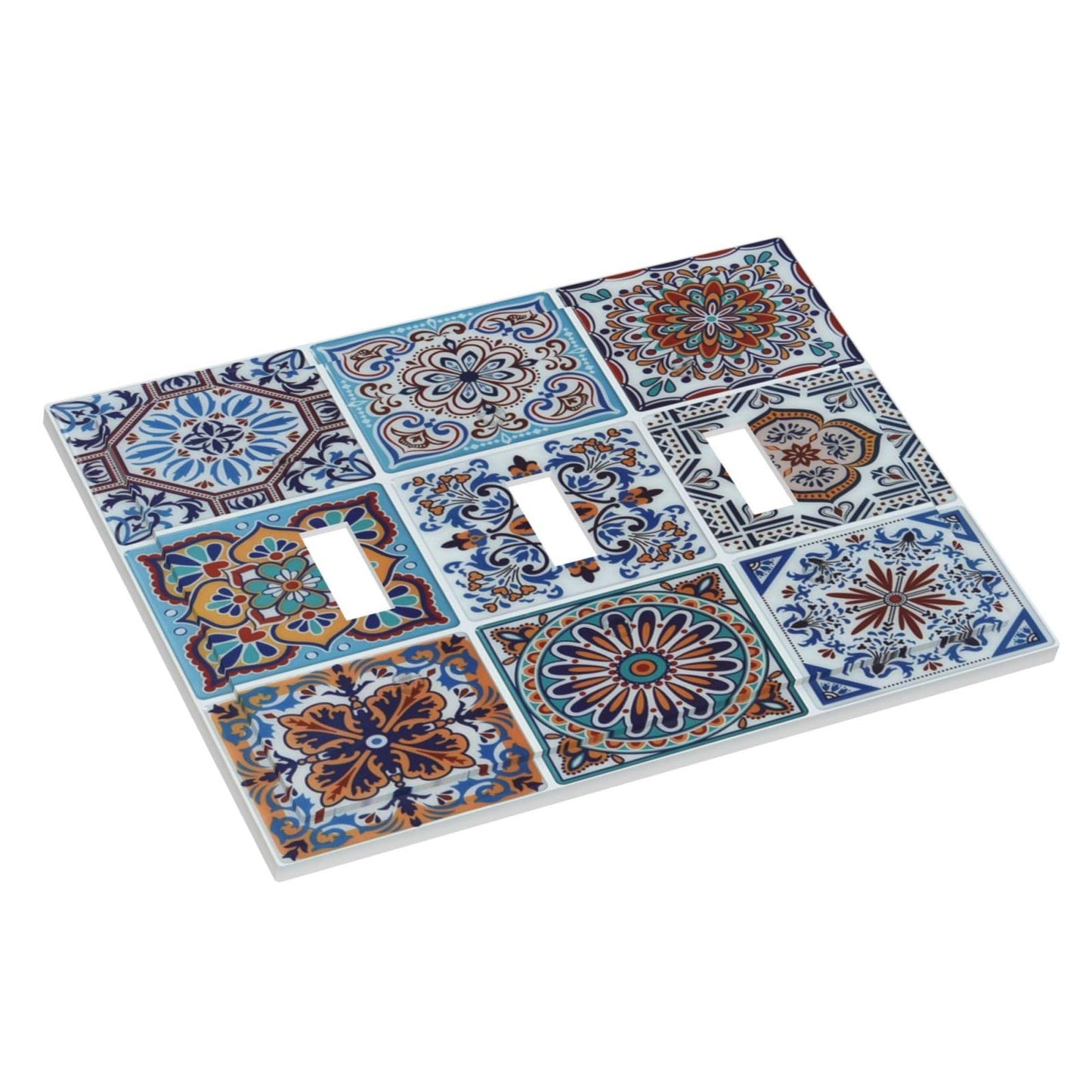 Spshian Decorative Switch Plate Covers Mexican Talavera Tile 3 Gang Light Switch Cover Blue Moroccan Style Pattern Triple Toggle Wall Plate Electrical Faceplate for Bathroom Home Kitchen Bedroom Decor