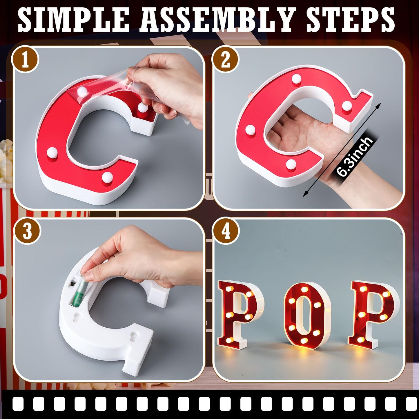 Aurelema Popcorn 6.3" Light up Letters Sign Party Decorations Battery Powered Marquee Lighted Sign LED Alphabet Letter Lights for Christmas Night Party Birthday Home Tabletop Decor Supplies Xmas Gift