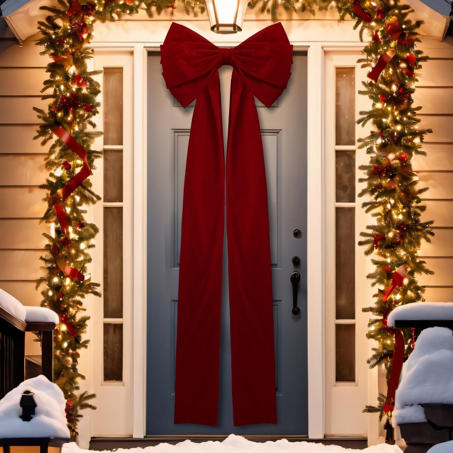 Knitgrip 1 Pack Extra Large Christmas Front Door Bow Decorations 27 x 78 Inch Burgundy Giant Velvet Christmas Tree Topper Bow with Long Streamers Wreath Wall Decor for Home Xmas Room Holiday Porch