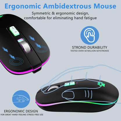 KARFUN Wireless Mouse, Backlit LED Portable Slim Computer Mouse for Laptop, PC, Computer, MacBook, iPad, Chromebook, Notebook, 2.4G Rechargeable Wireless Mouse (Black) (Black-Transparent Nose)