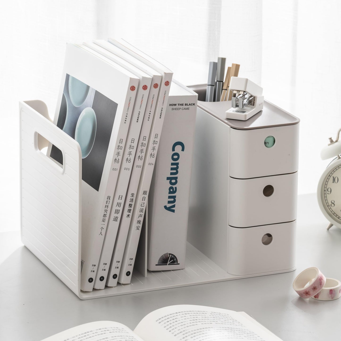 HKeeper White Plastic Desktop Organizer with File slots,3-tier Drawers with Pen Holder,Book Stand for Office Supplies and Desk Accessories (White+Grey)