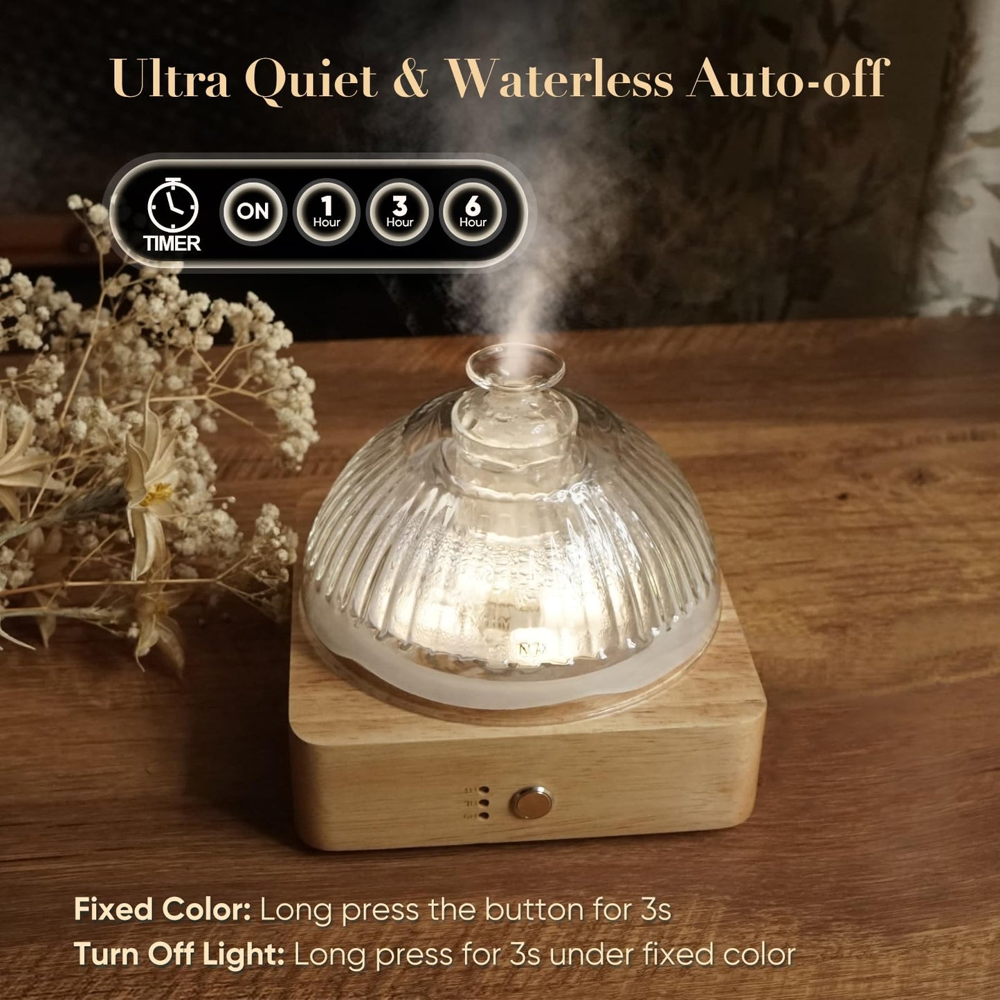 Glass Dome Essential Oil Diffuser with Glass Reservoir & Wood Base-No Plastic, 200ml Ultrasonic Diffuser for Aromatherapy with Timer 7 Color Light Auto-Off for Home Office Yoga Pilates