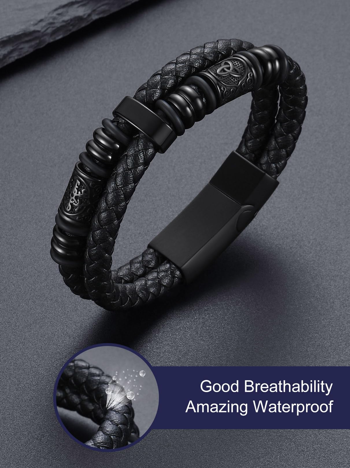 Bandmax Black Leather Viking Nordic Bracelet for Men 8.26 Inch Celtic Knot Beaded Wristband Bracelets Norse Style Men's Wrist Jewelry Gift for Son Husband Father Christmas Birthday Father's Day