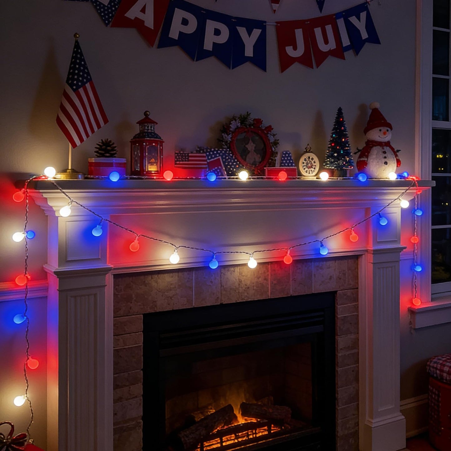 TWINGLEHOME 50 LED Patriotic Ball String Lights 16FT (5M) with Clear Wire, Waterproof Battery Box, Multifunctional Modes Lighting (Red, Cool White, Blue) for Nation Day