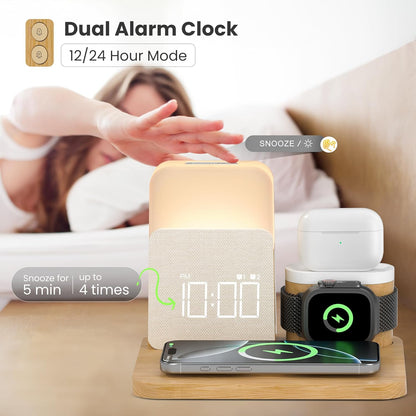 Alarm Clock Charging Station for Bedrooms, 7 in 1 Wireless Charging Station, Magnetic Charger with Night Light Bedside Clock for iPhone 16 15 14 13 12 Pro Max, Apple Watch, AirPods