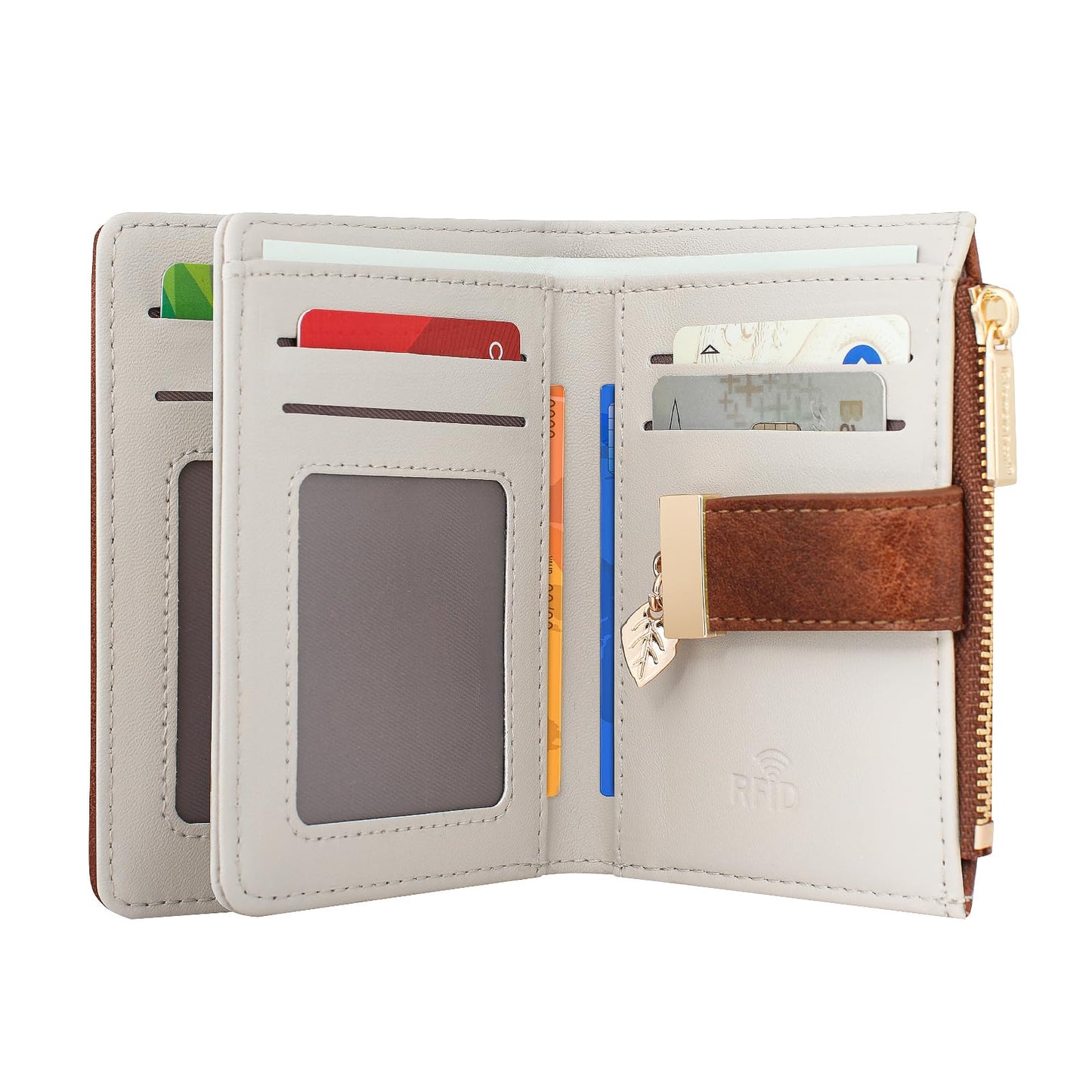 Pomelo Best Wallet Women Large Capacity Bifold Wallets for Women Credit Card Holder 8 Card Slots with 2 ID Window Zipper Coin Pocket Brown