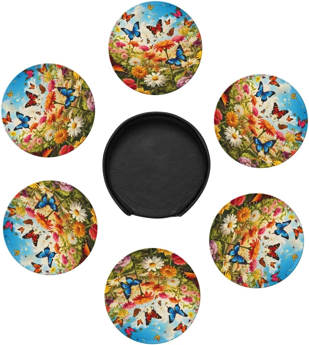 BOXIMIAO Drink Coasters with Holder Stand Set of 6, Bright Flower Butterfly Pu Leather Absorbent Coasters with Cork Base Table Coaster Round Coasters for Housewarming Apartment Kitchen Bar Decor