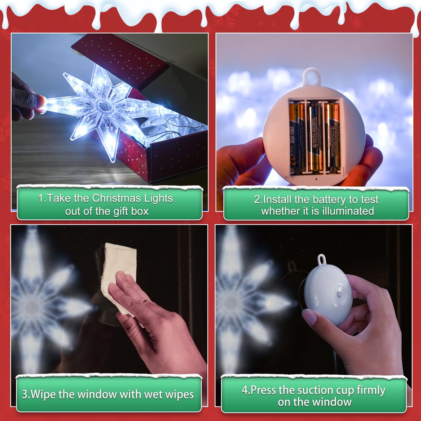LYUBASA 3Pcs Christmas Window Lights Decorations with Timer,Battery Powered Christmas Window Hanging White Lighted Lucky Star Shaped LED Sucker Lamp for Xmas Tree Fireplace Window Indoor Outdoor Decor